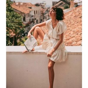 The KOOPLES  ECRU SILK AND LUREX DRESS Short Buttons Up Metallic Sunrise…